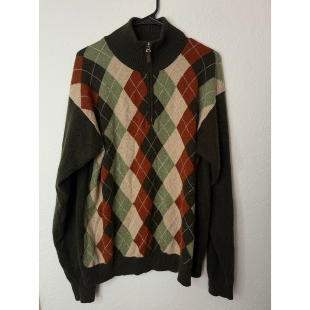 Alan Flusser 100% Cashmere Argyle Quarter Zip Sweater Mens Large Green Rust
